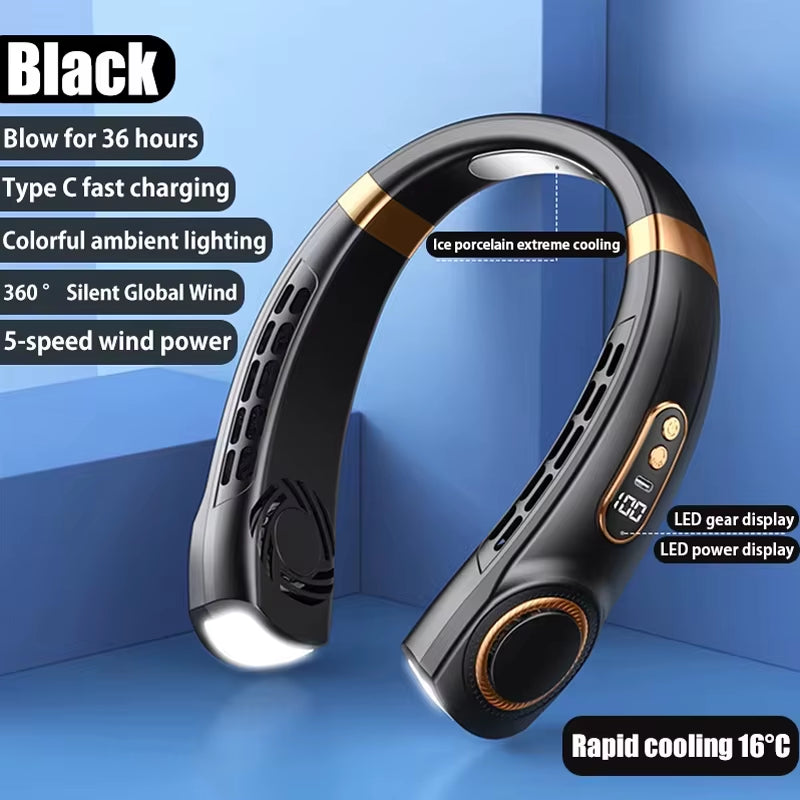 Lightweight Neck Air Cooling Fan Typc Rechargeable Outdoor Travel Sport Portable Wearable Mini Hanging Neck Fan 5 Speed Wind