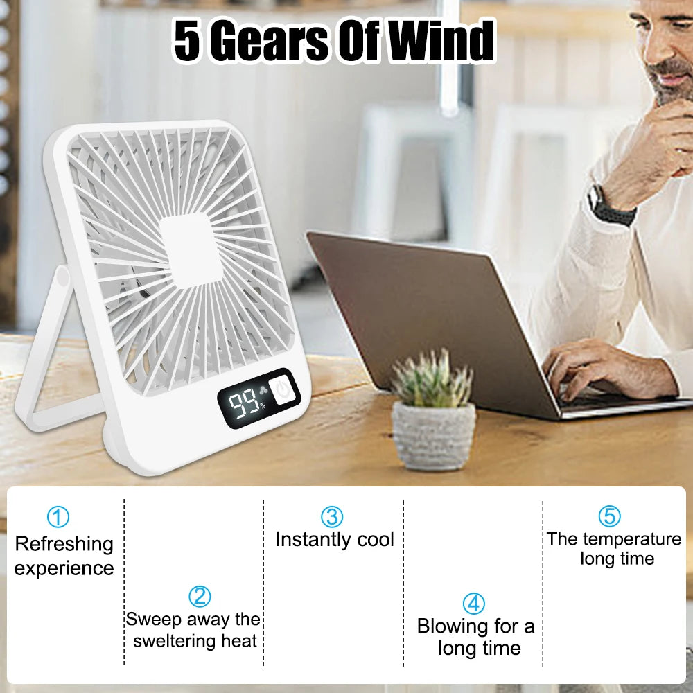 Office Fan with 5-Speed Strong Air Flow Digital Display Strong Air Flow Cooling Fan Super Silent Small Desktop Fan USB Charging