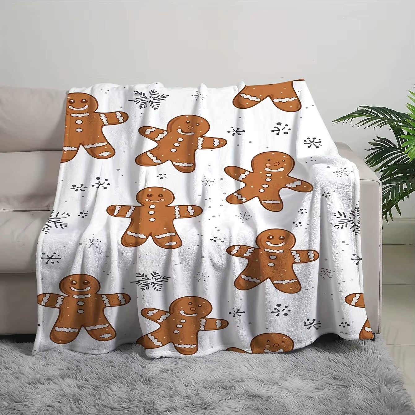 Flannel Christmas Blanket-Gingerbread Man and Snowflake Design,Year-Round Use,Home Decor, Snowflake Print,Winter Comfort Choice