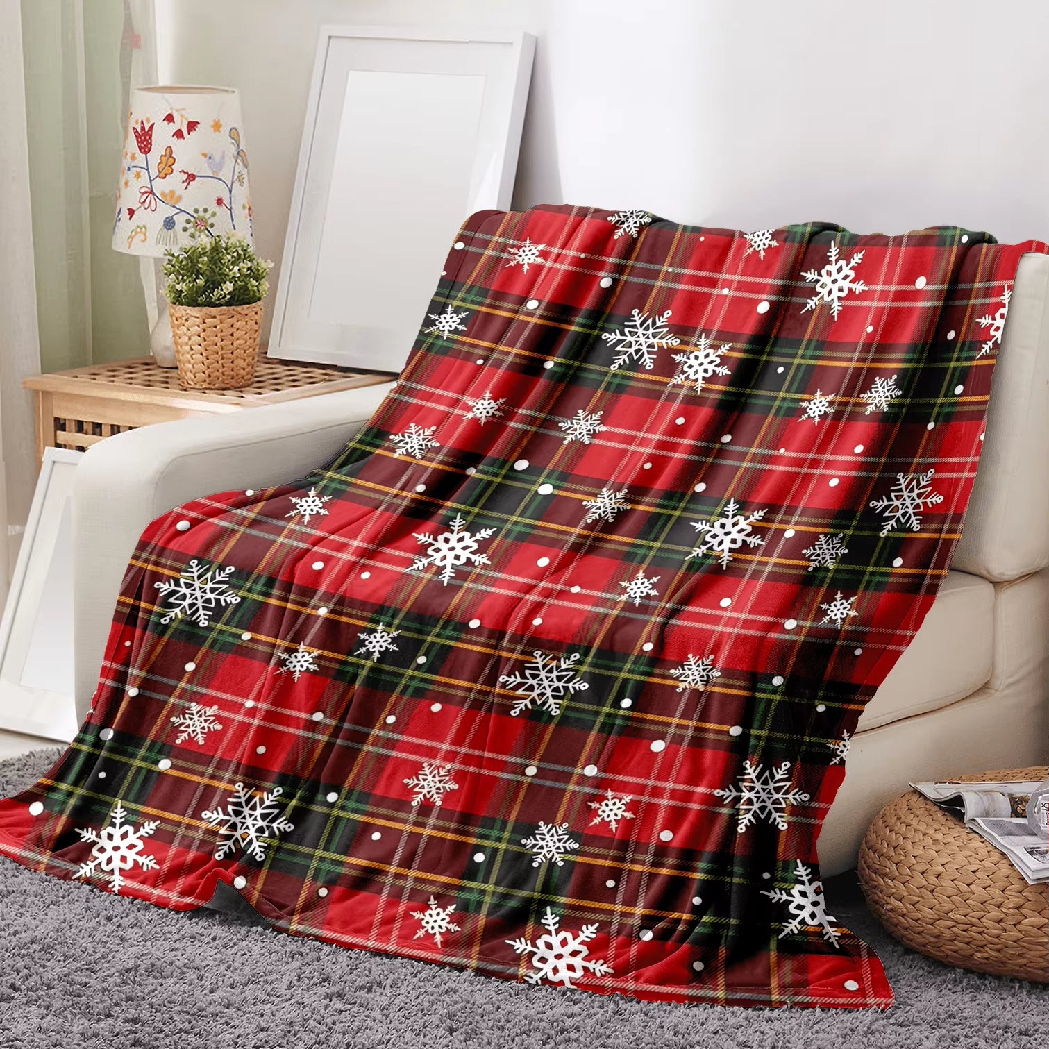 Christmas Red Green Buffalo Plaid Check Flannel Throw Blanket,Xmas Snowflake Birthday Gifts,Winter Holiday Soft Blankets for Bed