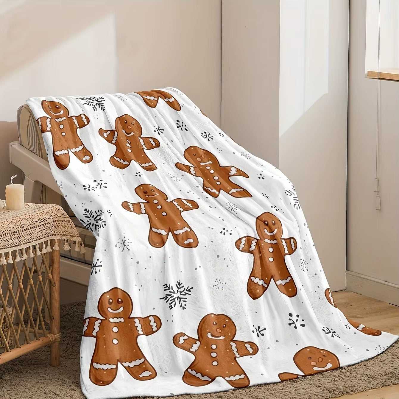 Flannel Christmas Blanket-Gingerbread Man and Snowflake Design,Year-Round Use,Home Decor, Snowflake Print,Winter Comfort Choice