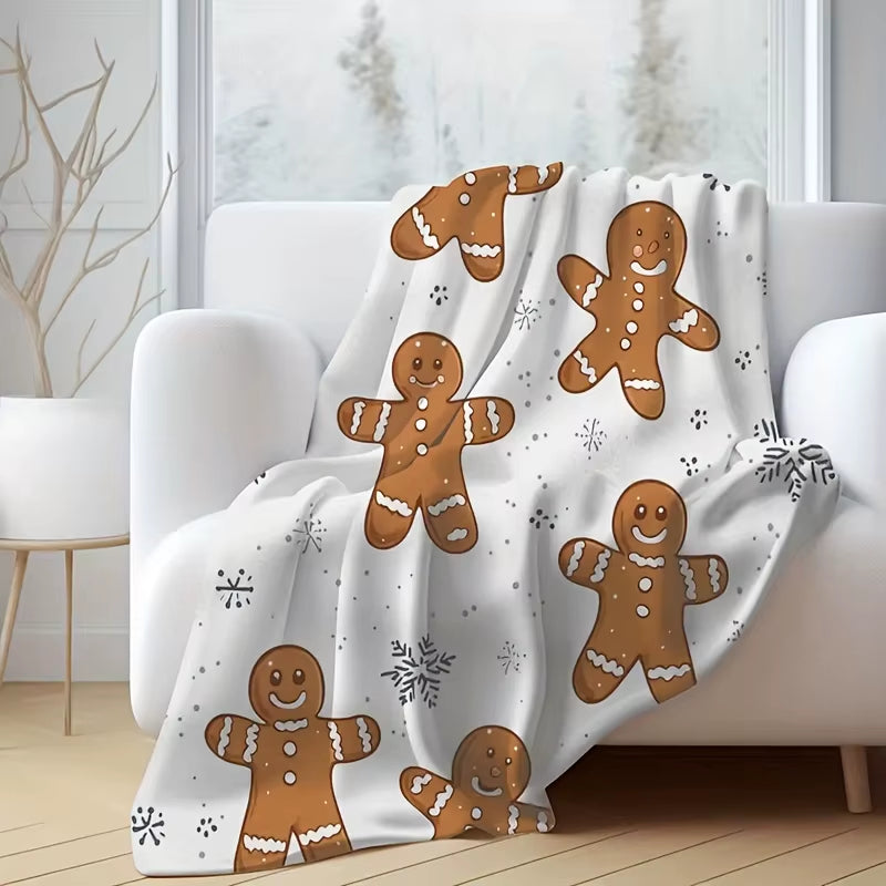 Flannel Christmas Blanket-Gingerbread Man and Snowflake Design,Year-Round Use,Home Decor, Snowflake Print,Winter Comfort Choice