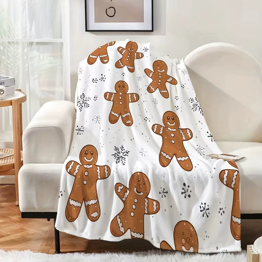 Flannel Christmas Blanket-Gingerbread Man and Snowflake Design,Year-Round Use,Home Decor, Snowflake Print,Winter Comfort Choice