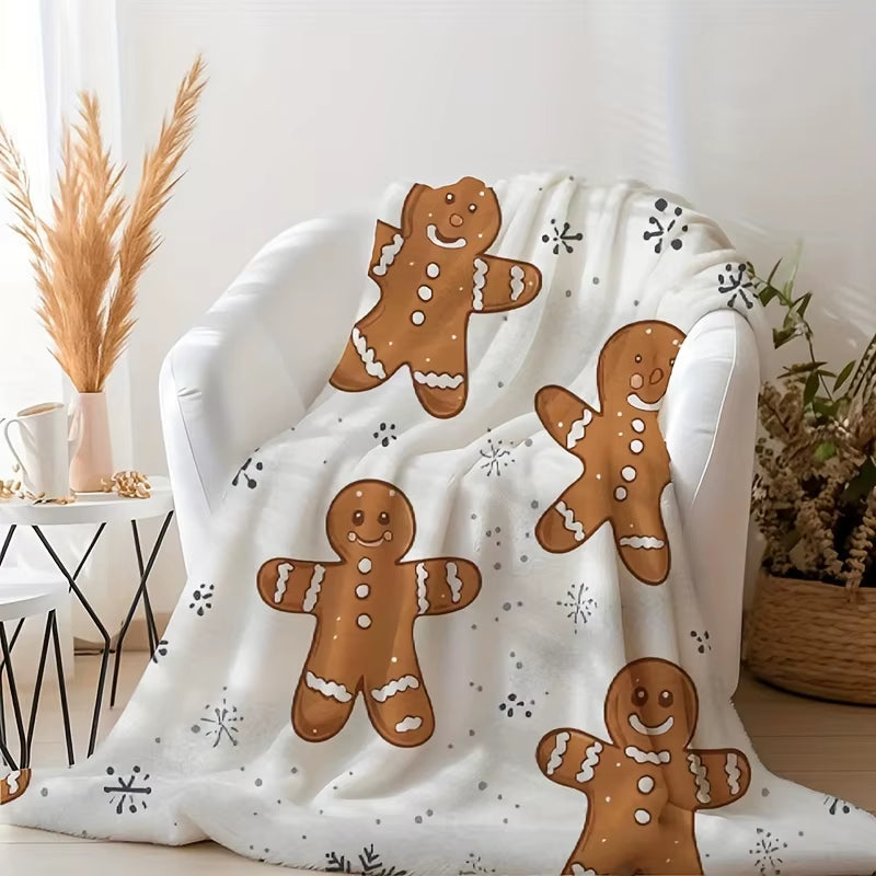 Flannel Christmas Blanket-Gingerbread Man and Snowflake Design,Year-Round Use,Home Decor, Snowflake Print,Winter Comfort Choice
