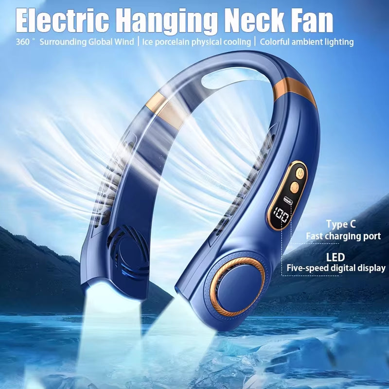 Lightweight Neck Air Cooling Fan Typc Rechargeable Outdoor Travel Sport Portable Wearable Mini Hanging Neck Fan 5 Speed Wind