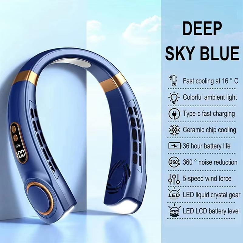 Lightweight Neck Air Cooling Fan Typc Rechargeable Outdoor Travel Sport Portable Wearable Mini Hanging Neck Fan 5 Speed Wind