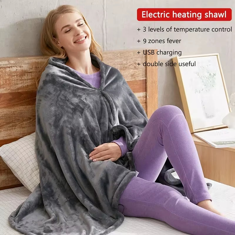 Electric Heated Blanket with USB Charge 3 Heating Level Heated Shawl Throw Blanket Coral Velvet 9 Heated Areas for Home Office