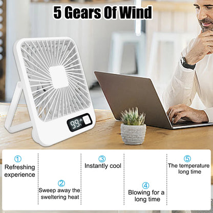 Office Fan with 5-Speed Strong Air Flow Digital Display Strong Air Flow Cooling Fan Super Silent Small Desktop Fan USB Charging