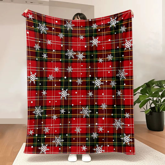 Christmas Red Green Buffalo Plaid Check Flannel Throw Blanket,Xmas Snowflake Birthday Gifts，Winter Holiday Soft Blankets for Bed