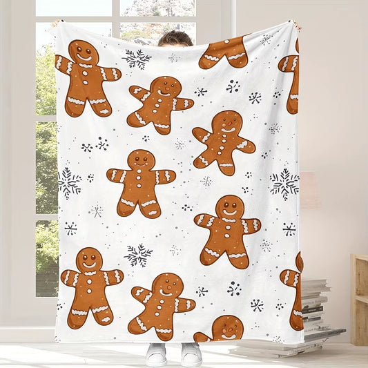 Flannel Christmas Blanket-Gingerbread Man and Snowflake Design,Year-Round Use,Home Decor, Snowflake Print,Winter Comfort Choice