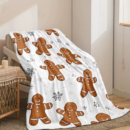 Flannel Christmas Blanket-Gingerbread Man and Snowflake Design,Year-Round Use,Home Decor, Snowflake Print,Winter Comfort Choice