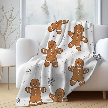 Flannel Christmas Blanket-Gingerbread Man and Snowflake Design,Year-Round Use,Home Decor, Snowflake Print,Winter Comfort Choice