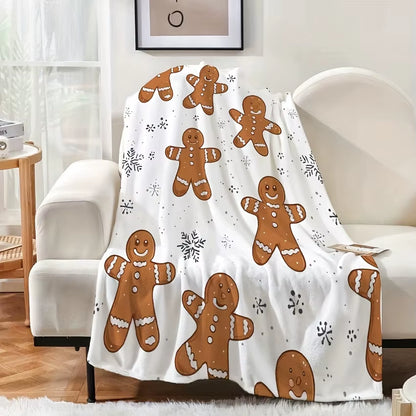 Flannel Christmas Blanket-Gingerbread Man and Snowflake Design,Year-Round Use,Home Decor, Snowflake Print,Winter Comfort Choice