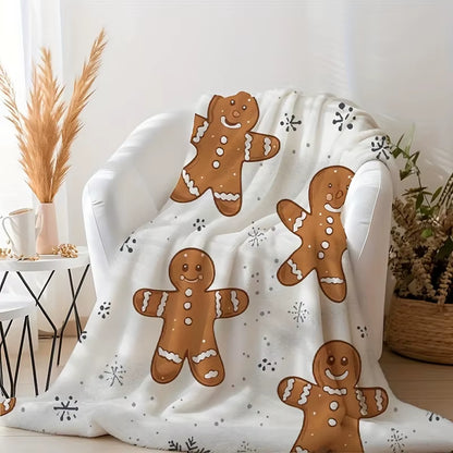 Flannel Christmas Blanket-Gingerbread Man and Snowflake Design,Year-Round Use,Home Decor, Snowflake Print,Winter Comfort Choice