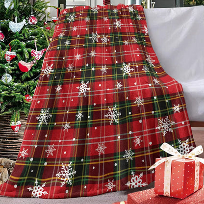 Christmas Red Green Buffalo Plaid Check Flannel Throw Blanket,Xmas Snowflake Birthday Gifts，Winter Holiday Soft Blankets for Bed
